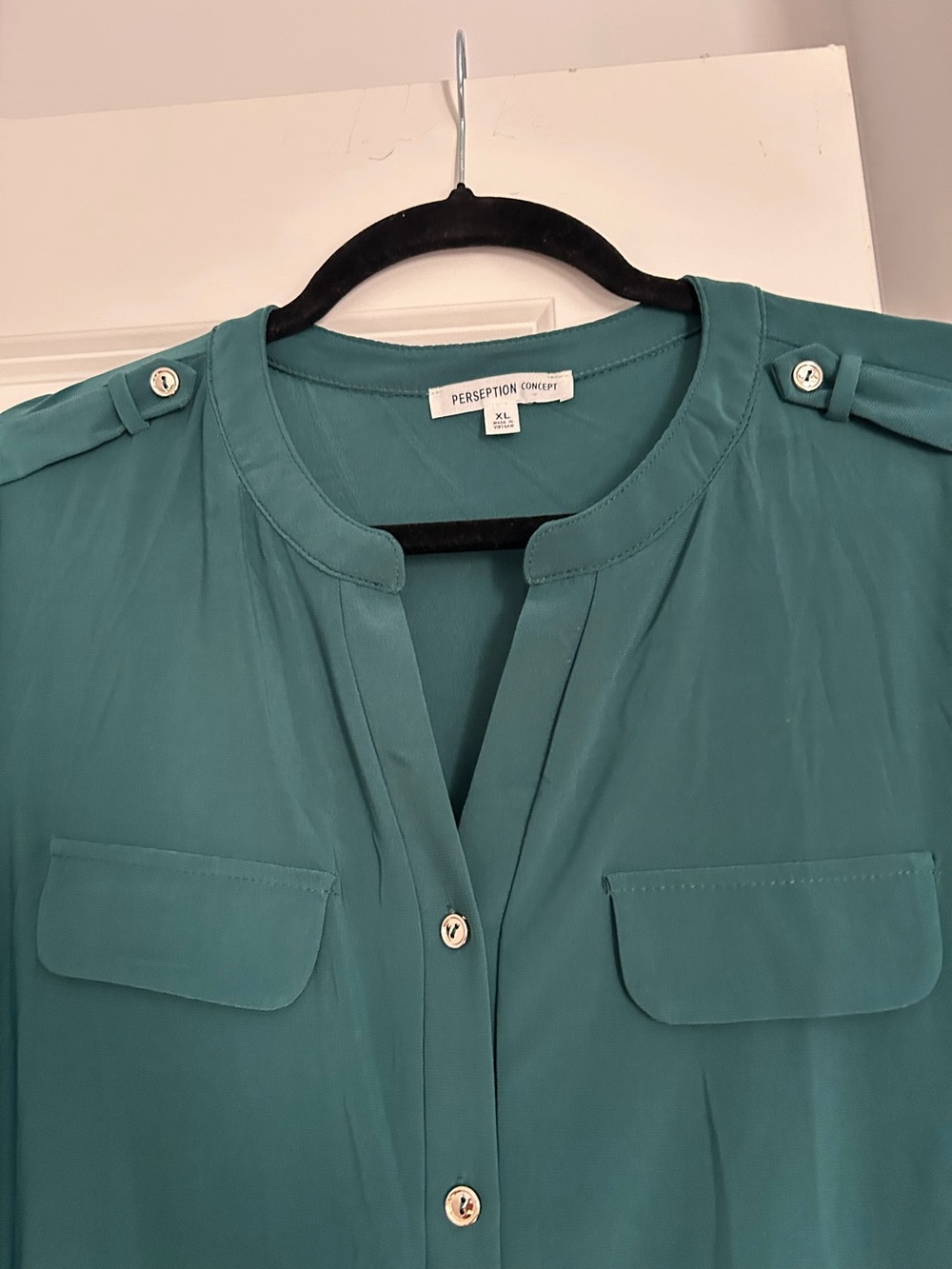 PerSeption Concept Teal Green Button-Front Pocket Blouse
